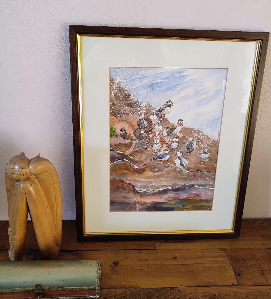 Muriel R. Shearer: Puffins/papegaaiduikers aquarel & collage, Ophalen of Verzenden