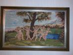 Wandtapijt in mooie kader met 7 dansende cherubijnen., Antiek en Kunst, Kunst | Schilderijen | Klassiek, Ophalen