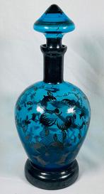 Antiek design kobalt blauwe glazen karaf zilveren decor, Antiek en Kunst, Ophalen of Verzenden