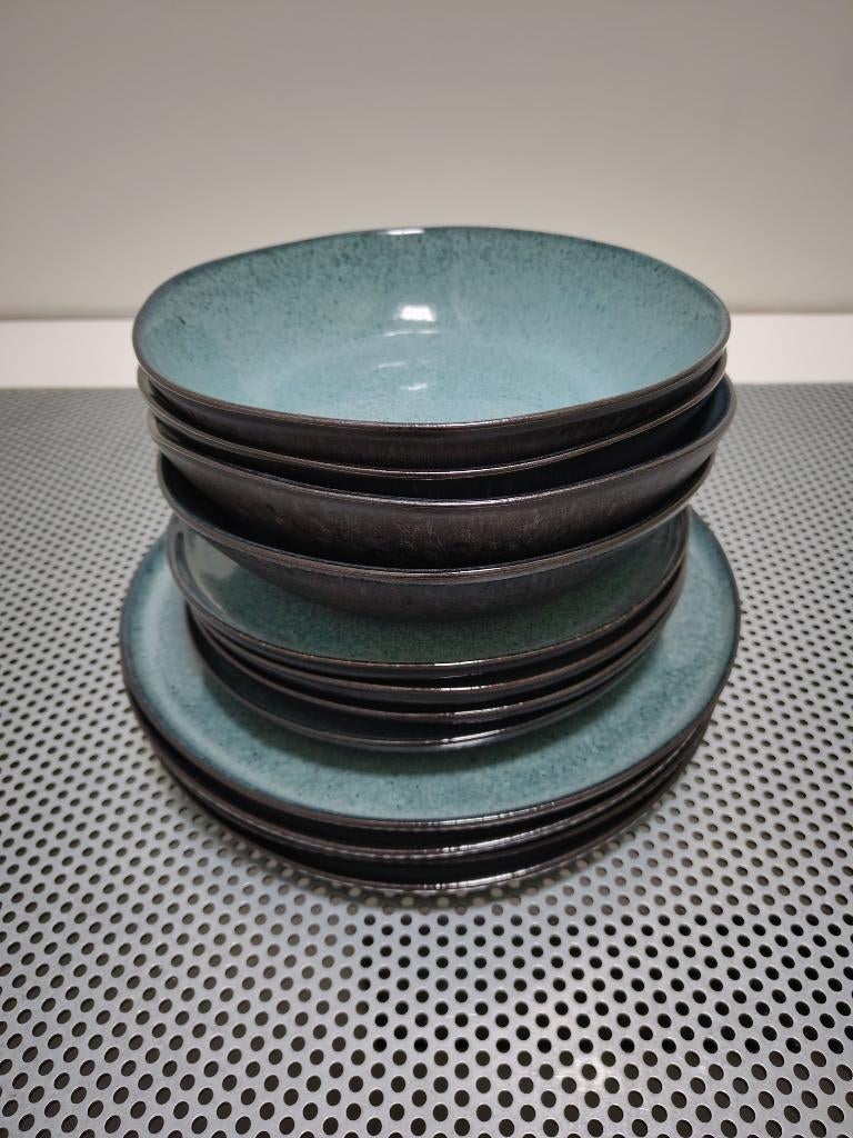 12-delig blauw servies aardewerk Ø28/22 cm, Ophalen, Gebruikt, Overige stijlen, Aardewerk