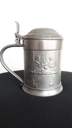 Decoratieve tinnen bierpul/ drinkbeker met scharnierdeksel, Antiek en Kunst, Ophalen of Verzenden