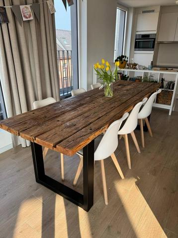 Tafel - houten blad + metaal onderstel - 2m40 x 80cm, Huis en Inrichting, Tafels | Eettafels, Ophalen, 200 cm of meer, 50 tot 100 cm