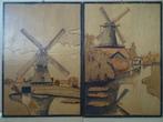Gebrandschilderd houten paneel Hollandse molen 22x32cm 2x, Antiek en Kunst, Ophalen of Verzenden