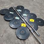 147 kilo Bumpers plates set + Olympische Barbell 220cm, Sport en Fitness, Fitnessmaterialen, Ophalen