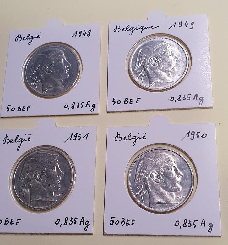 4 x  Karel, 50 Fr, Zilveren munten 48, 49, 50, 51, Postzegels en Munten, Munten | België, Zilver, Zilver, Ophalen of Verzenden
