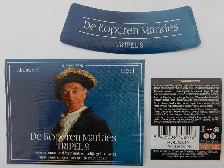 Bieretiket De Koperen Markies tripel 9 (12i8), Verzamelen, Biermerken, Gebruikt, Verzenden
