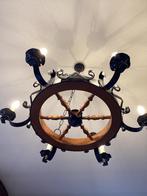 Houten luster met metalen lambrisering, Enlèvement, Utilisé, Métal, Antieke luster, rond wiel hout en metaal
