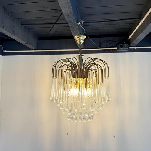 4-laags teardrop kroonluchter met helder muranoglas, Huis en Inrichting, Lampen | Kroonluchters, Gebruikt, Glas, Metaal, Ophalen of Verzenden