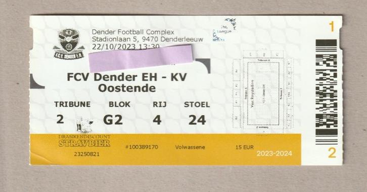 (gebruikt) ticket : FCV Dender EH - KV Oostende, 22/10/2023, Verzamelen, Sportartikelen en Voetbal, Gebruikt, Overige typen, Ophalen of Verzenden