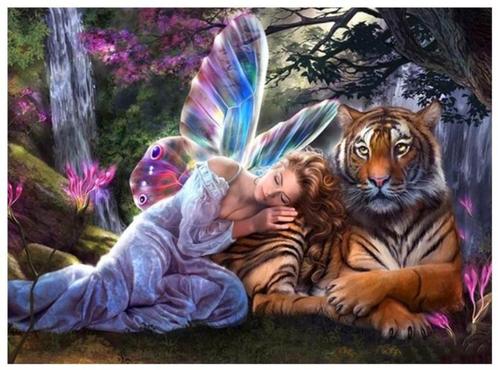 diamond painting Fee Met Tijger 50*40cm, Hobby en Vrije tijd, Knutselen, Nieuw, Knutselwerk, Ophalen of Verzenden