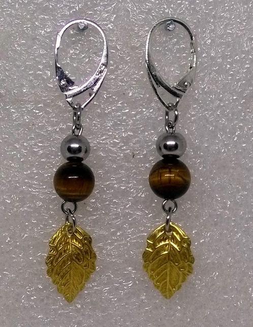 Boucles d’oreilles argent 925 Tiger’s eye leaf autumn., Bijoux, Sacs & Beauté, Boucles d'oreilles, Neuf, Pendantes, Argent, Argent