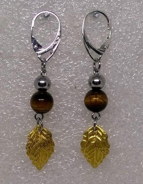 Tijgeroog blad herfst 925 zilveren oorbellen., Handtassen en Accessoires, Oorbellen, Nieuw, Hangers, Zilver, Zilver, Ophalen of Verzenden