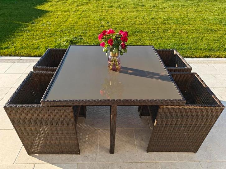 Tuintafel met glazen blad en 4 stoelen, Tuin en Terras, Tuintafels, Kunststof, Ophalen