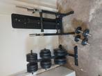 Gewichten + baren + bank + rek + dumbells, Sport en Fitness, Fitnessmaterialen, Ophalen, Zo goed als nieuw