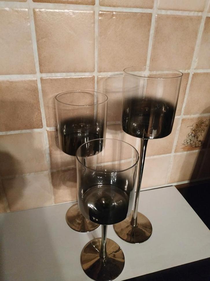 3 delige glazen theelichthouders, Maison & Meubles, Accessoires pour la Maison | Bougeoirs & Bougies, Comme neuf, Argent, Noir