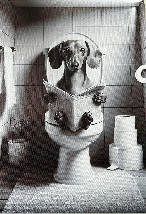 Poster op canvas Hond op toilet - mancave poolhouse nieuw, Huis en Inrichting, Woonaccessoires | Schilderijen, Tekeningen en Foto's