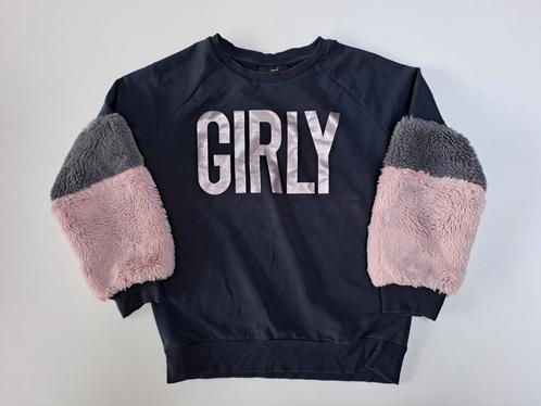 Mt 146 Donkerblauwe sweater met faux fur mouwen GIRLY, Kinderen en Baby's, Kinderkleding | Maat 146, Gebruikt, Meisje, Trui of Vest