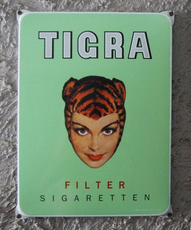 Zeer zeldzaam origineel emaille TIGRA reclamebord, Verzamelen, Merken en Reclamevoorwerpen, Zo goed als nieuw, Reclamebord, Ophalen