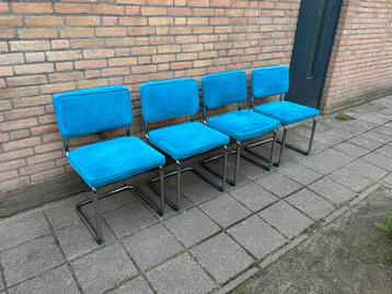 4 Ribstof Stoelen met Chrome Buisframe, Tissus, Enlèvement, Utilisé, Bleu