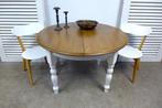 witte landelijke ronde eiken uitschuifbare eettafel 120-160, Huis en Inrichting, Ophalen, 100 tot 150 cm, Zo goed als nieuw, Vijf personen of meer