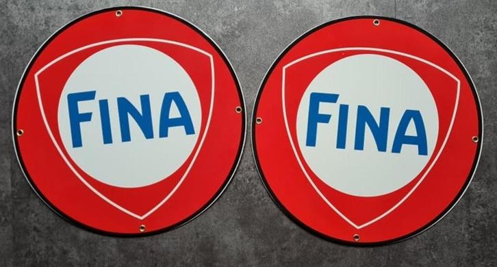 Fina emaillen benzine pomp bordjes en Shell gulf aral caltex, Verzamelen, Merken en Reclamevoorwerpen, Zo goed als nieuw, Reclamebord