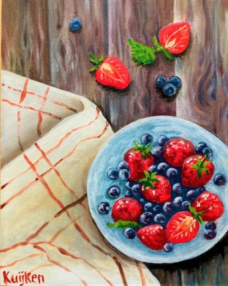 Strawberries (Acrylic painting by Kuijken, 24x30 cm), Antiek en Kunst, Kunst | Schilderijen | Modern, Ophalen of Verzenden