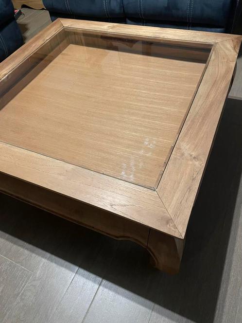 Table de salon style opium en teck avec tiroir vitré 1mx1m, Huis en Inrichting, Tafels | Salontafels, Gebruikt, Vierkant, Teakhout