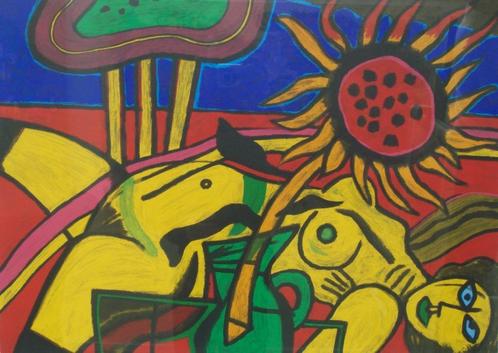 "Vrouw met zonnebloem" - Guillaume Corneille, Antiek en Kunst, Kunst | Litho's en Zeefdrukken, Ophalen