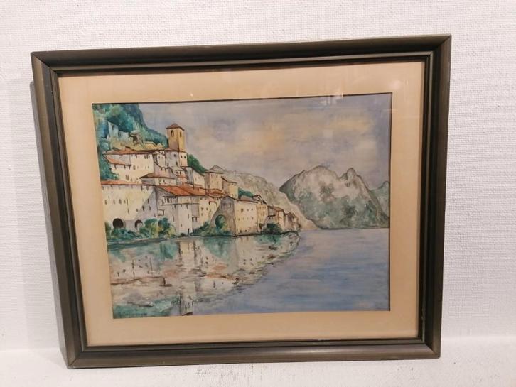 Stadszicht aan het Meer – Gesigneerd Aquarel op papier, Antiquités & Art, Art | Dessins & Photographie, Enlèvement ou Envoi