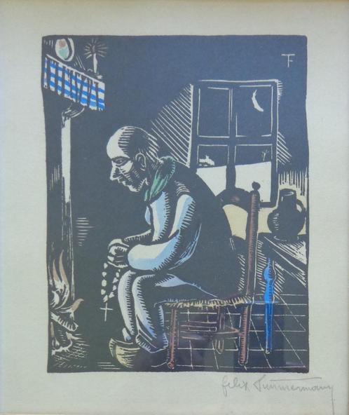 FELIX TIMMERMANS / VROME DAGEN / HOUTSNEDE + AQUAREL 34x30cm, Antiek en Kunst, Kunst | Litho's en Zeefdrukken, Ophalen of Verzenden