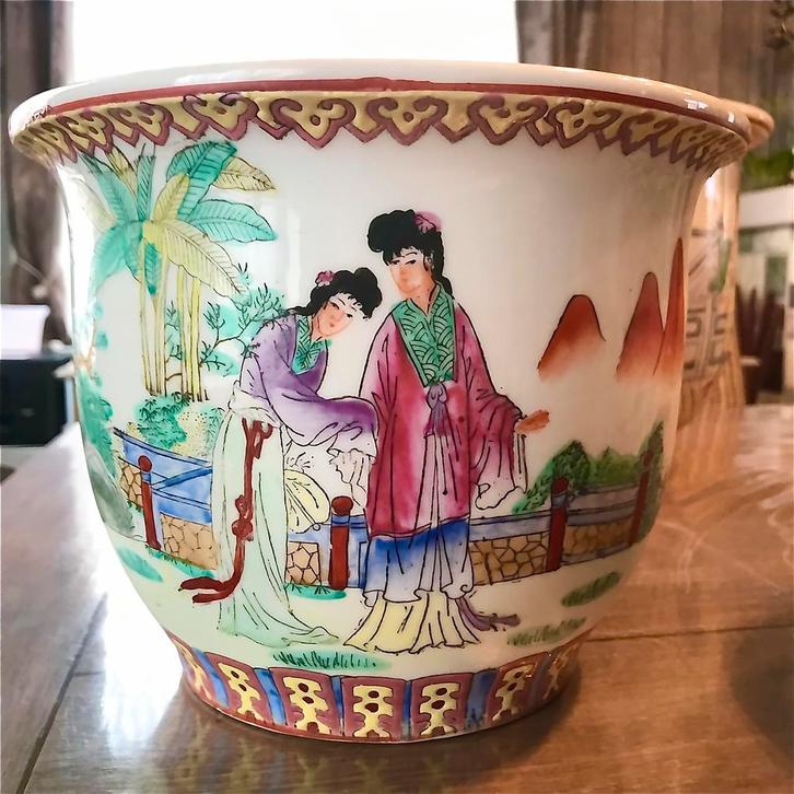 Bloempot porselein 3 stuks afkomstig uit China met onderbord, Antiek en Kunst, Antiek | Vazen, Ophalen