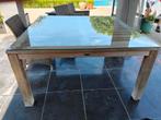 Terrastafel in teak en 4 terrasstoelen met kussens, Ophalen