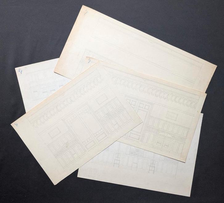 set van 5 interieurtekeningen rond 1920 - potlood - Callaert, Antiek en Kunst, Kunst | Tekeningen en Fotografie, Ophalen of Verzenden