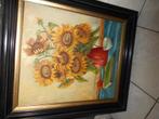 Schilderij - (Zonne)Bloemen in vaas, in zwaar kader 90x80 cm, Ophalen of Verzenden