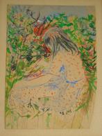 'Dans l'herbre' belle gouache pastel, encadrée par Schleiper, Antiquités & Art, Enlèvement ou Envoi