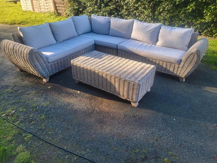 Echt rotan houten loungeset met bijhorende kussens, Tuin en Terras, Tuinsets en Loungesets, Zo goed als nieuw, Loungeset, Rotan