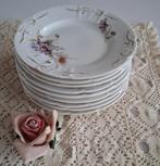 9 Brocante petit four bordjes met paarse bloemen, Huis en Inrichting, Gebruikt, -, -, Overige typen