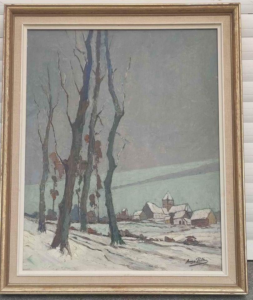 Huile sur panneau paysage enneigé signe ange pultau, Antiquités & Art, Enlèvement ou Envoi