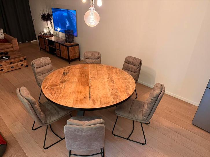 Ronde eettafel mango hout 180cm+6 stoelen industrieel design, Huis en Inrichting, Complete eetkamers, Zo goed als nieuw, Ophalen