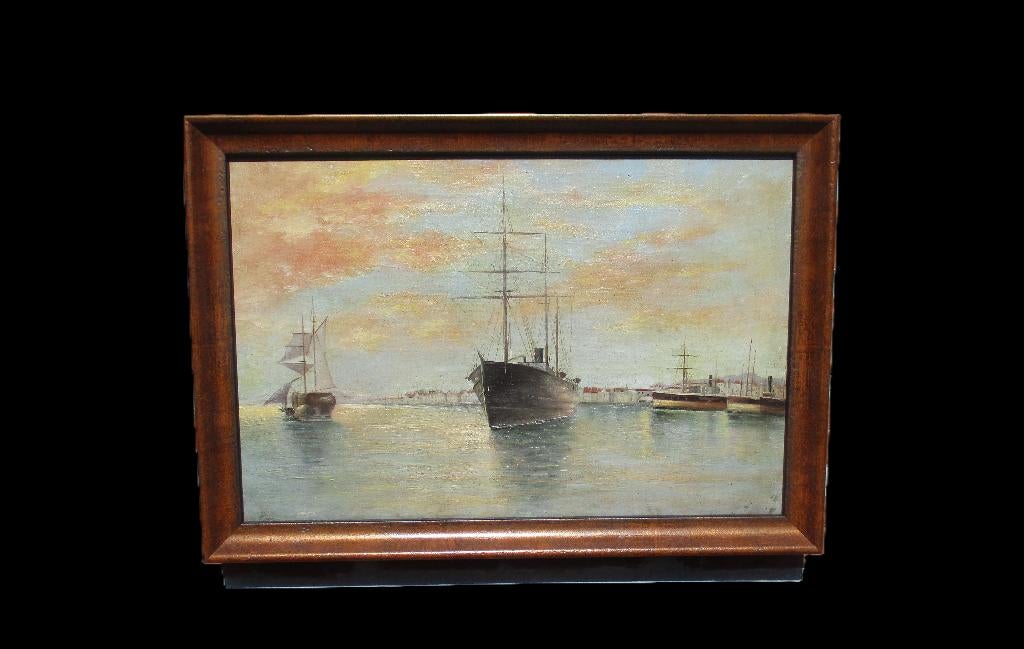 Voiliers et bateaux à vapeur au départ du port (Vers 1900), Antiquités & Art, Art | Peinture | Classique, Enlèvement ou Envoi