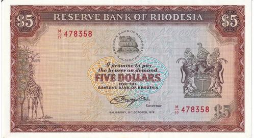 Rhodesië, 5 dollar 1978, XF+, P36b, Postzegels en Munten, Bankbiljetten | Afrika, Los biljet, Overige landen, Ophalen of Verzenden