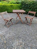 Tuin houten bijzettafeltje en 2 stoelen, Tuin en Terras, Tuinstoelen, Gebruikt, Hout, Ophalen
