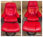 Stressless 2 zetels in rood leder - small en large + poef, Huis en Inrichting, Zetels | Zetels, Ophalen, Gebruikt, Eenpersoons