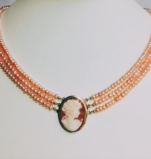 Antieke collier met cameo en parels, Bijoux, Sacs & Beauté, Colliers, Comme neuf, Or, Or, Avec pierre précieuse, Enlèvement ou Envoi