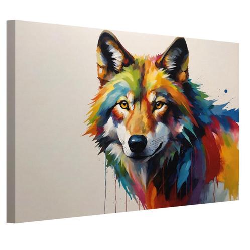 Wolf met kleurrijke vacht canvas 60x40cm - 18mm., Huis en Inrichting, Woonaccessoires | Wanddecoraties, Nieuw, Verzenden