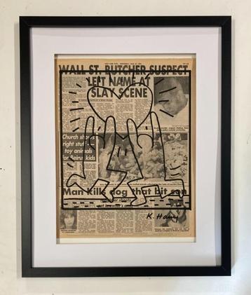 Keith Haring tekent op krantenpapier. Groot formaat beschikbaar voor biedingen