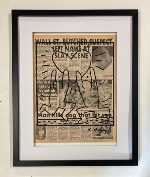 Keith Haring tekent op krantenpapier. Groot formaat, Antiek en Kunst, Kunst | Designobjecten, Verzenden