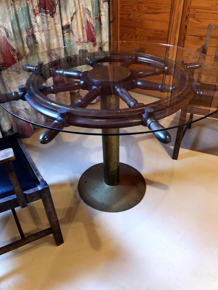 Ronde scheepstafel en drie bijhorende stoelen, Huis en Inrichting, Tafels | Eettafels, Gebruikt, Vier personen, Rond, Overige houtsoorten