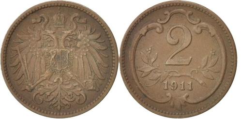 AUTRICHE -2 heller Franz Joseph I année 1911, Postzegels en Munten, Munten | Europa | Niet-Euromunten, Losse munt, Oostenrijk
