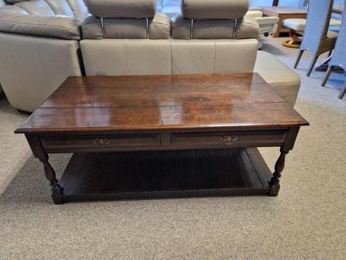 MASSIEF EIKEN SALONTAFEL MET 2 LADES, Huis en Inrichting, Tafels | Salontafels, Gebruikt, Eikenhout, Ophalen